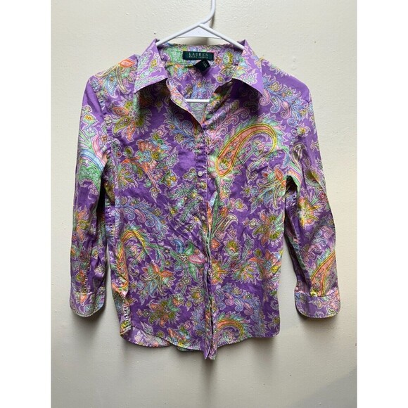 Lauren Ralph Lauren Tops - Lauren Ralph Lauren Purple Paisley Print 3/4 Sleeve Cotton Button Up Shirt M